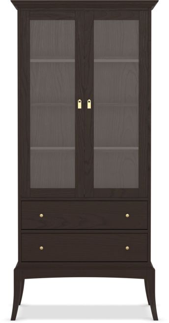 Tall wooden display cabinet with glass-paneled doors and two lower storage drawers.