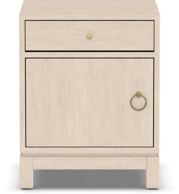 A sleek, handcrafted wooden nightstand with a light finish, featuring a single drawer and a cabinet with a brass ring handle for elegant bedroom storage.