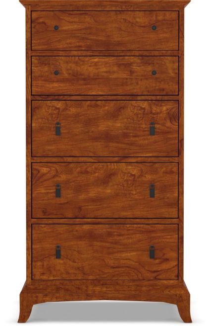digital rendering of a solid cherry wood handcrafted tall chest with five drawers, blending traditional design and modern craftsmanship