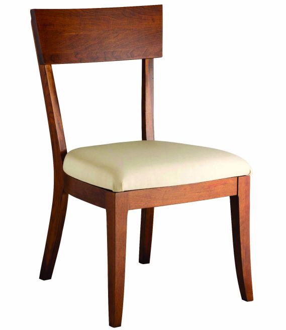 Modern wooden dining chair with a sleek design and a cushioned seat in beige fabric.