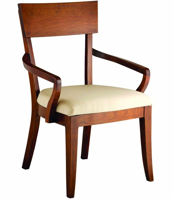 Wooden dining armchair with a modern design, featuring curved wooden armrests and a beige cushioned seat.