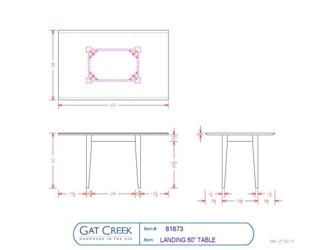 Drawings and dimensions for the Landing 60" Table