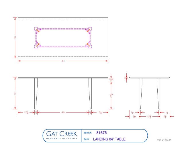 Drawings and dimensions for the Landing 84" Table
