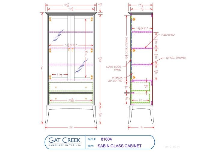 Drawings and dimensions for the Sabin Glass Cabinet