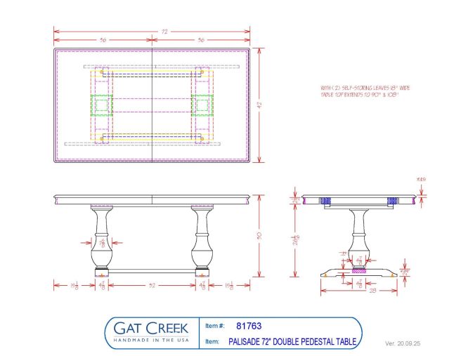 Drawings and dimensions for the 72" Palisade Pedestal Dining Table