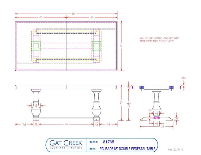 Drawings and dimensions for the 86" Palisade Pedestal Dining Table