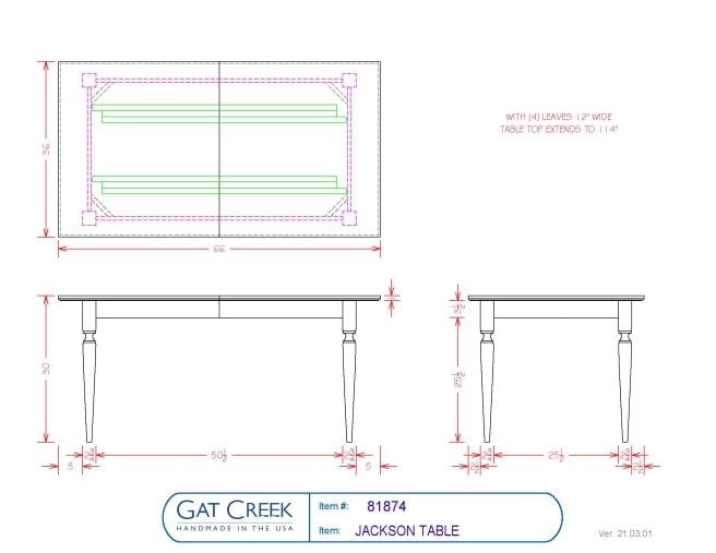 Drawings and dimensions for the Jackson Table