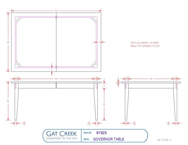 Drawings and dimensions for the Governor Table