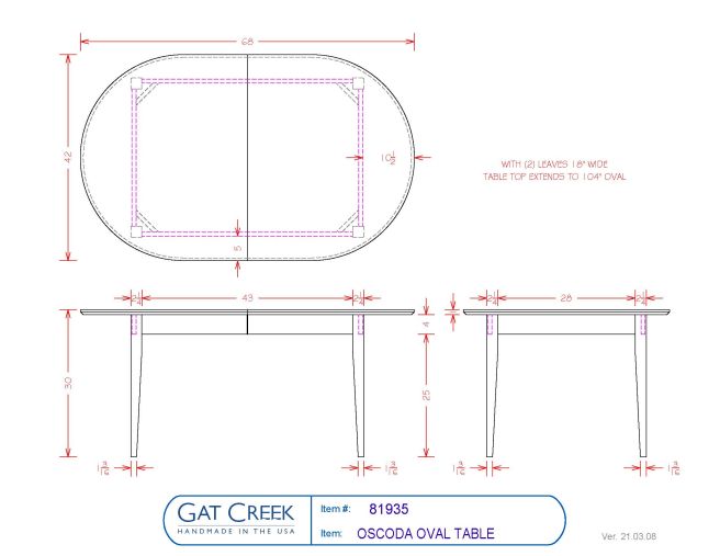 Drawings and dimensions for the Oscoda Oval Table