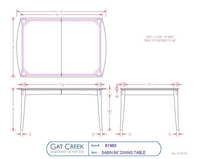 Drawings and dimensions for the Sabin Dining Table