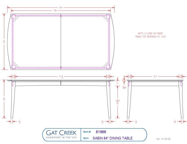Drawings with dimensions for the Sabin Dining Table