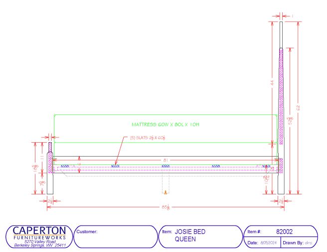 Drawings and dimensions for the Queen Size Josie Bed