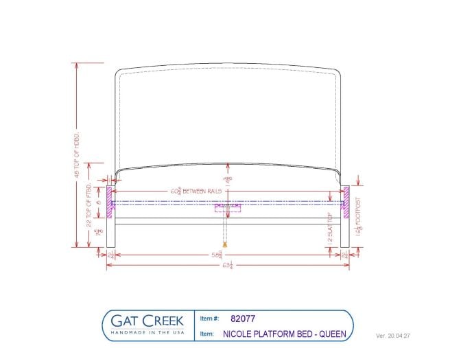 Drawings and dimensions for the Nicole Platform Bed in a queen size