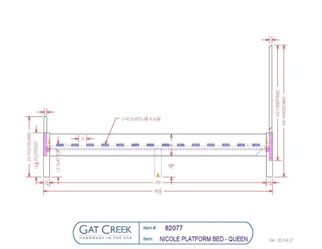 Drawings and dimensions for the Queen size Nicole Platform Bed