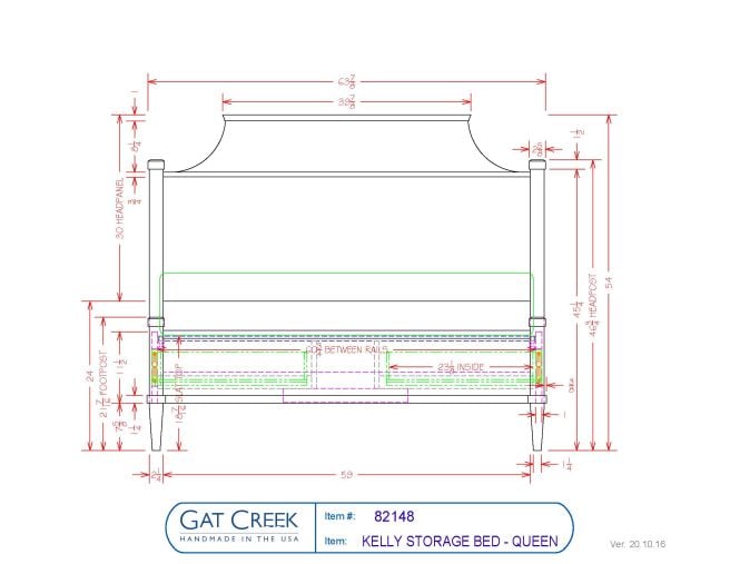 Drawings and dimensions for the Kelly storage Bed in the Queen Size