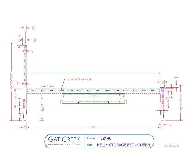 Drawings and dimensions for the Kelly storage Bed in the Queen Size