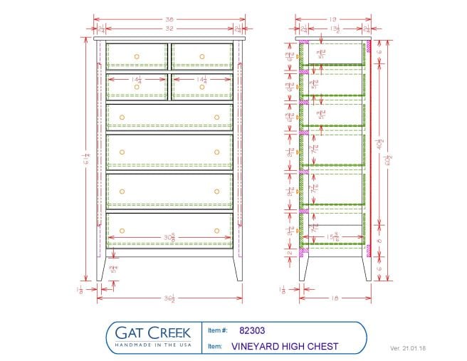 Vineyard High Chest drawings and dimensions