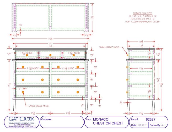 Drawings and dimensions for the Monaco Chest On Chest