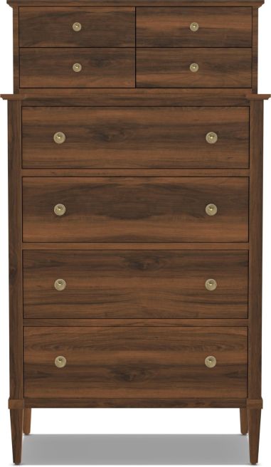 Solid walnut Monaco High Boy, shown in a natural stain finish with satin brass knobs.