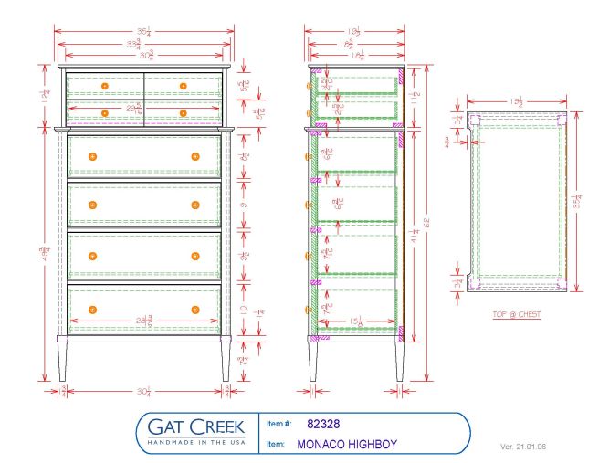 Drawings and dimensions for the Monaco High Boy