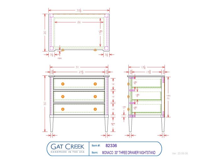 Drawings and dimensions for the Monaco 33 Three Drawer Nightstand