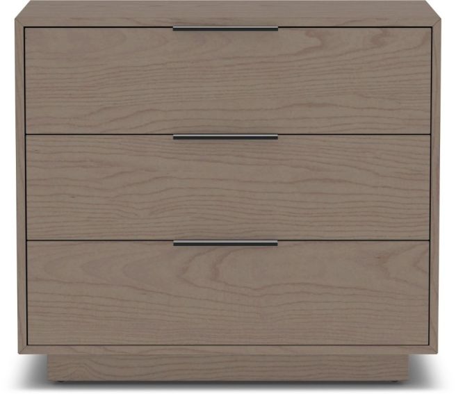 Modern three-drawer dresser in a neutral wood finish with sleek black metal handles, offering stylish and functional bedroom storage.