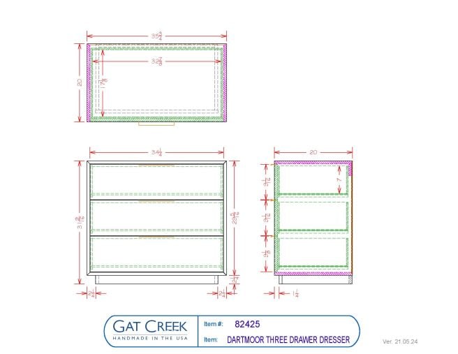 Drawings and dimensions for the Dartmoor Three Drawer Dresser
