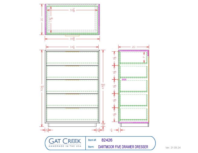 Drawings and dimensions for the Dartmoor Five Drawer Dresser