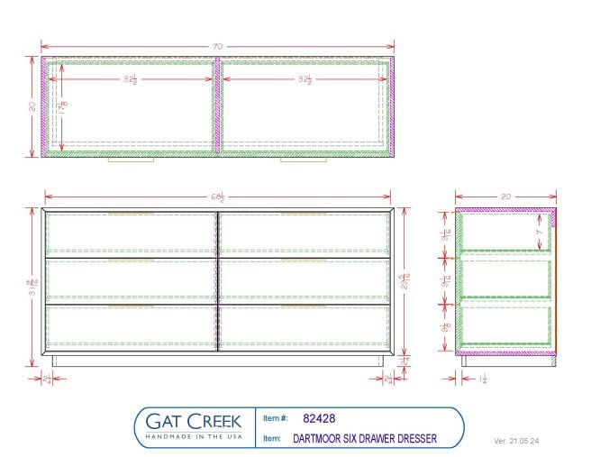 Drawings and dimensions for the Dartmoor Six Drawer Dresser
