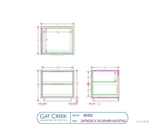 Drawings and dimensions for the Dartmoor Two Drawer Nightstand