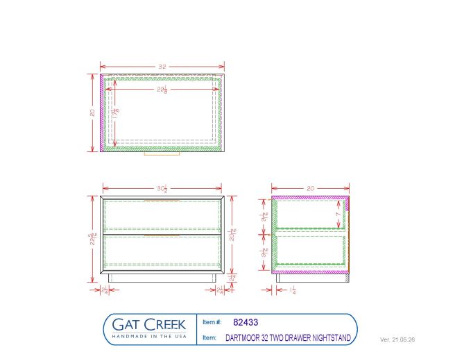Drawings and dimensions for the Dartmoor Two Drawer Nightstand