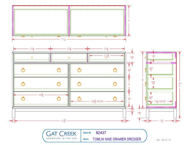 Tomlin Nine Drawer Dresser engineering drawings