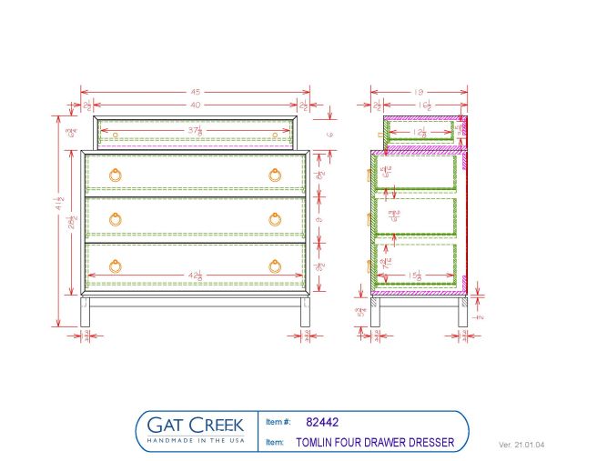 Drawings and dimensions for the Tomlin Four Drawer Dresser made out of wood