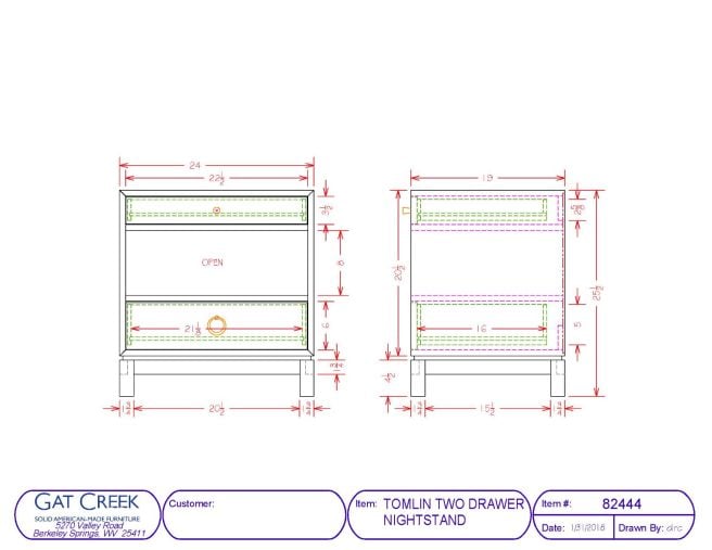 Drawings and dimensions for the original Tomlin Two Drawer Nightstand
