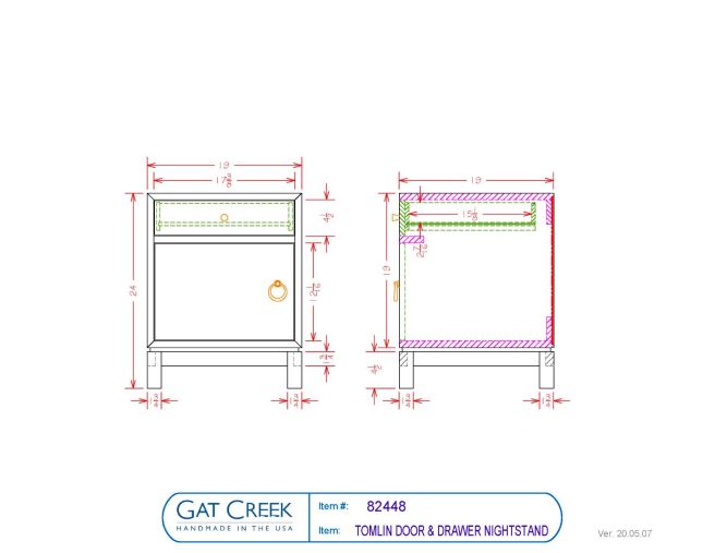 Drawings and dimensions for the Tomlin Door & Drawer Nightstand