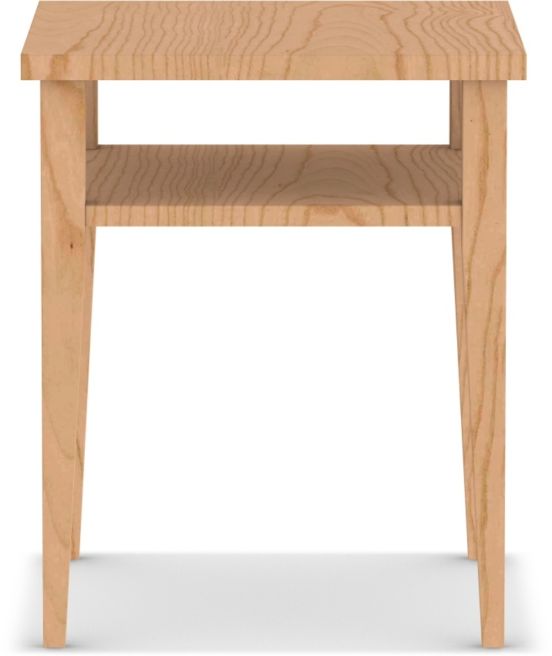 Minimalist solid ash wood side table with tapered legs and an open shelf for additional storage
