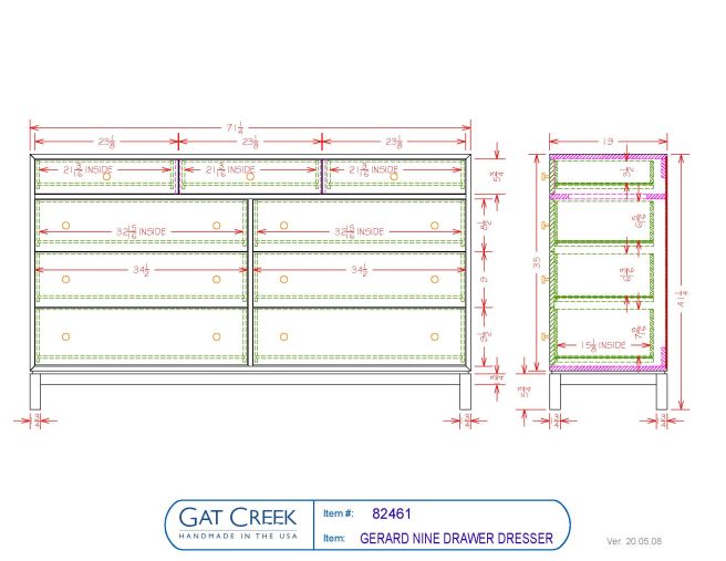 Drawings and dimensions for the Gerard Nine Drawer Dresser