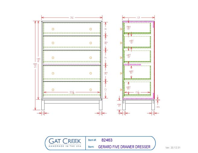 Drawings and dimensions for the Gerard Five Drawer Dresser