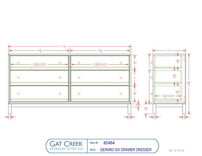 Drawings and dimensions for the Gerard Six Drawer Dresser