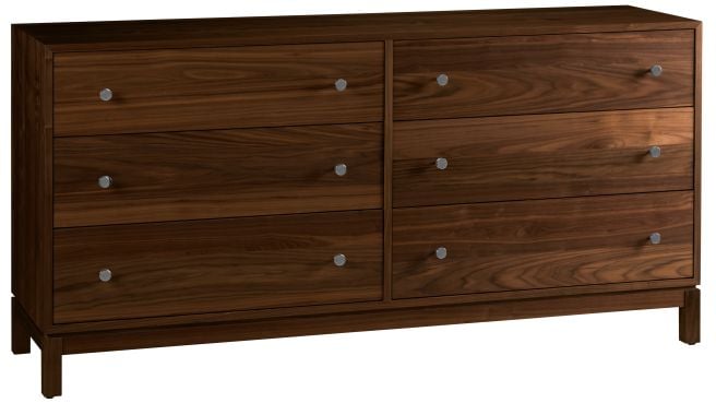Solid walnut wood dresser featuring six spacious drawers and a minimalist aesthetic, ideal for organizing clothing and essentials.