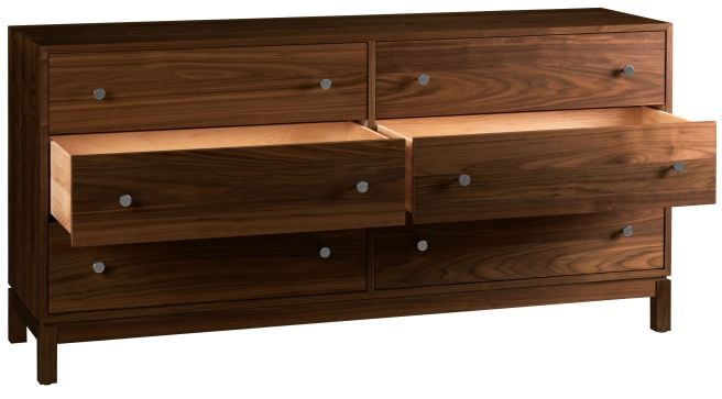 A six-drawer wooden dresser with a modern design, featuring spacious storage and smooth metal knobs.