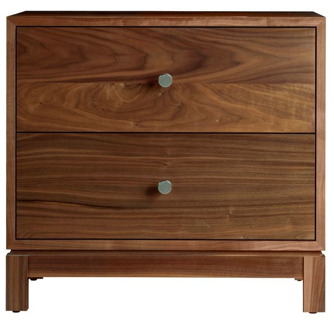 Modern wooden bedside table with clean lines and two drawers, designed for functional and stylish bedroom storage.