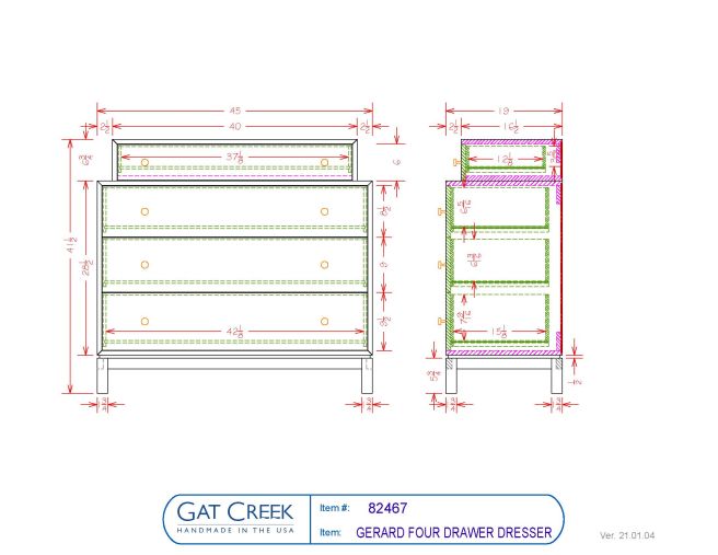 Drawings and dimensions for the Gerard Four Drawer Dresser