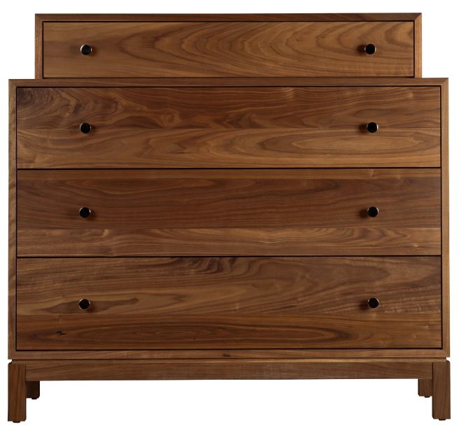 A modern walnut wooden dresser with a unique stepped design, featuring five spacious drawers and a sleek silhouette.