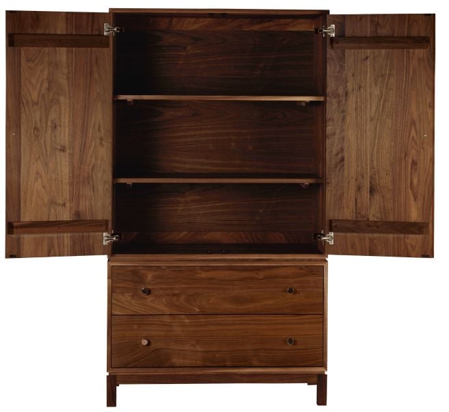 Handcrafted wooden wardrobe with interior shelving and deep drawers, offering versatile bedroom storage solutions.