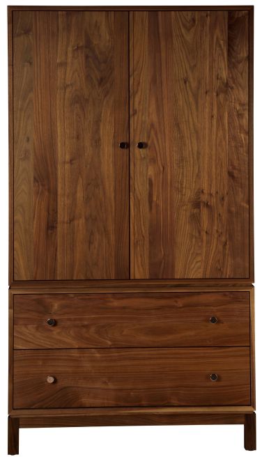 Solid walnut wood wardrobe with a sleek design, featuring double doors for hanging clothes and deep drawers for additional storage.