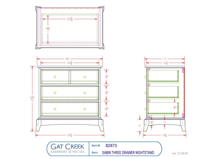 Drawings and dimensions for the Sabin Three Drawer Nightstand