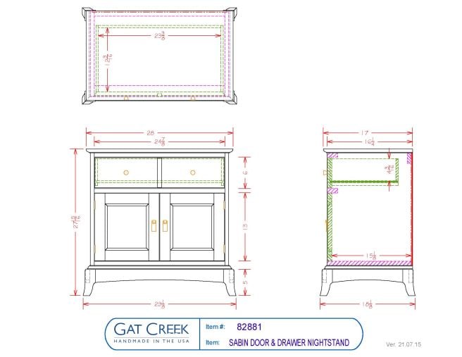 Drawings and dimensions for the Sabin Door & Drawer Nightstand