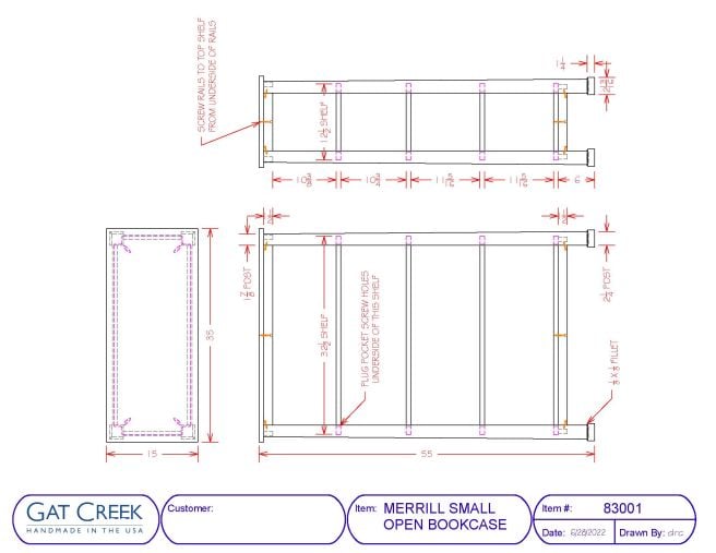 drawings and dimensions of the Merrill Small Open Bookcase