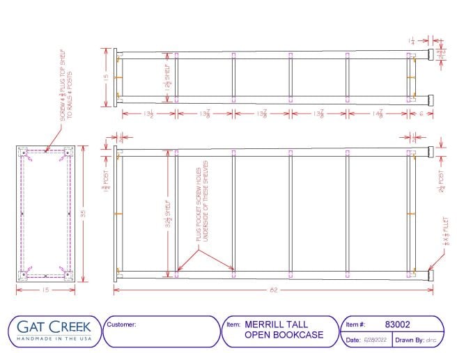 drawing and dimensions for the Merrill Small Open Bookcase